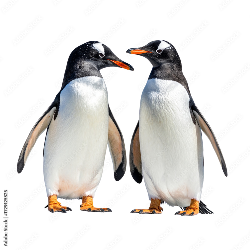 Fototapeta premium Penguin interacting Two penguins stand close together, touching or calling to each other. full length isolate on transparent background 