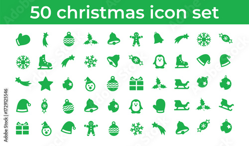 Christmas Icon Set, 50 Festive Christmas Icon Set Mittens, Shooting Stars, Christmas Ornaments (Baubles), Holly, Bells, Gingerbread Men, Snowflakes, Ice Skates, Wrapped Candies, Penguins, Santa Hats


