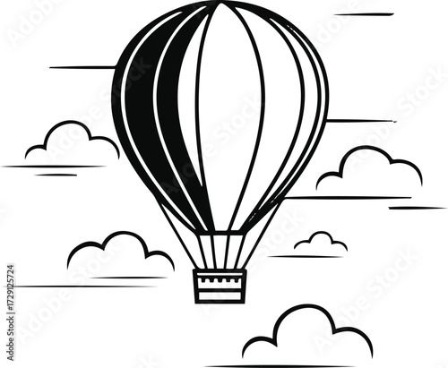 Minimal hot air balloon with tiny clouds, black and white vector line art, simple outline