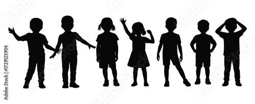 Diverse group of children silhouetted against a white background showing various poses and expressions
