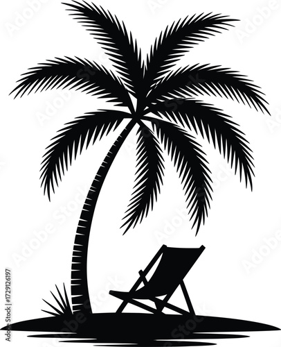 Tropical palm tree and beach chair silhouette vector