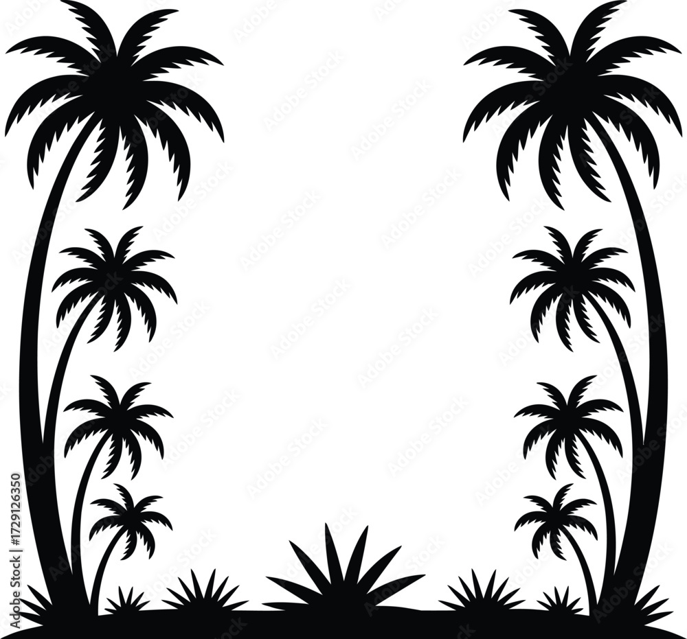 Obraz premium Tropical palm trees silhouette border vector black