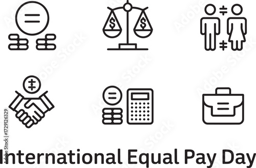 International Equal Pay Day linear icons set. Wage equality, payment, financial fairness outline concept