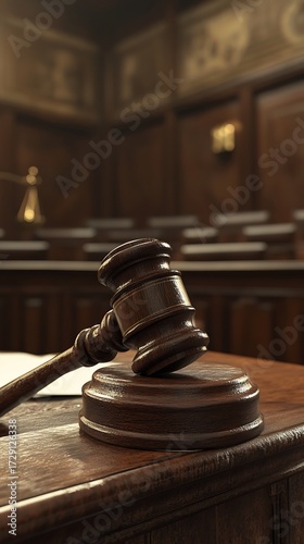 Dramatic gavel in a courtroom symbolizes justice, legal proceedings, and the power of the law