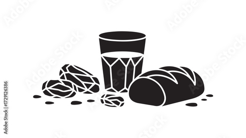 Iftar Meal, Enjoy artisan bread, juicy dates, and a refreshing drink, a perfect black and white still life that evokes a sense of simple pleasures and rustic charm for culinary designs