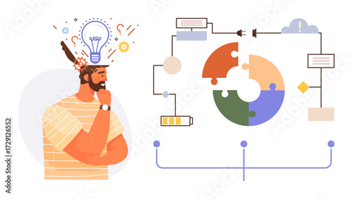 Thoughtful man surrounded by idea icons analyzes colorful puzzle chart and flowchart links. Ideal for brainstorming, productivity, creativity, innovation, problem-solving, planning, strategy, simple