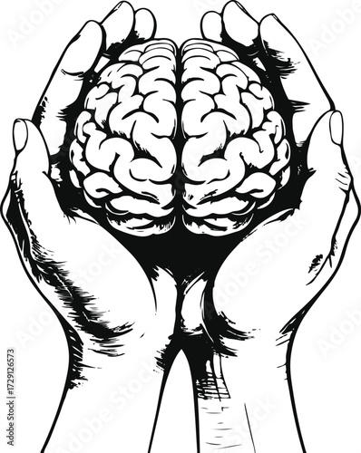 Two hands gently holding a brain, symbol of mental health, black and white line art 1