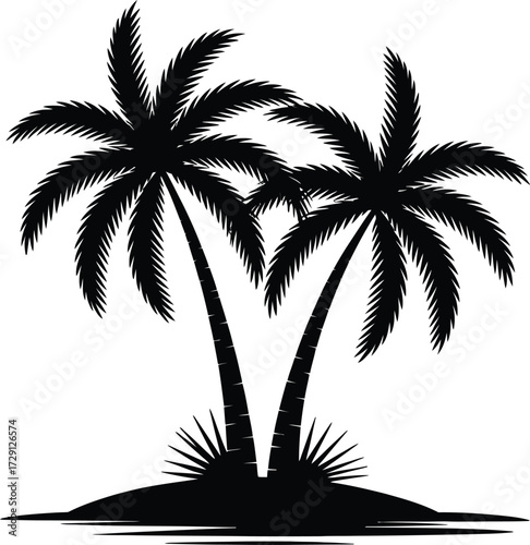 Two palm trees on island silhouette tropical beach