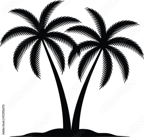 Twin palm trees on sandy ground tropical silhouette