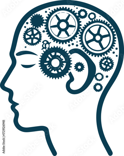 Abstract human head silhouette with gears inside, black and white vector line art, clean outline, no shading