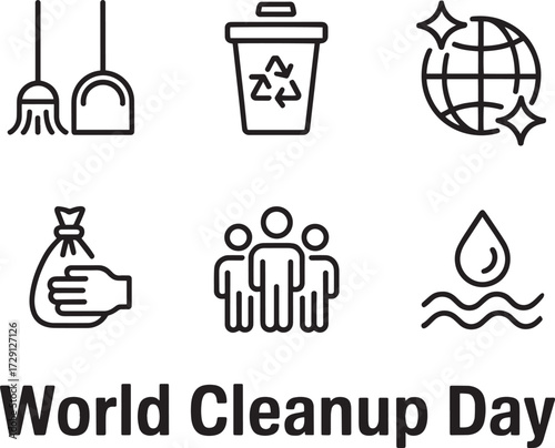 World Cleanup Day icons. Environmental protection, recycling, community, sustainability symbols