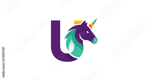 Elegant letter U unicorn logo, vibrant color palette, creative design integration showcasing
