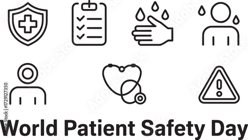 World Patient Safety Day icons. Health care, medical checklist, hygiene, caution symbols