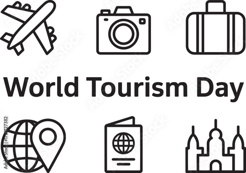 World Tourism Day concept with travel and vacation journey line icons for destinations