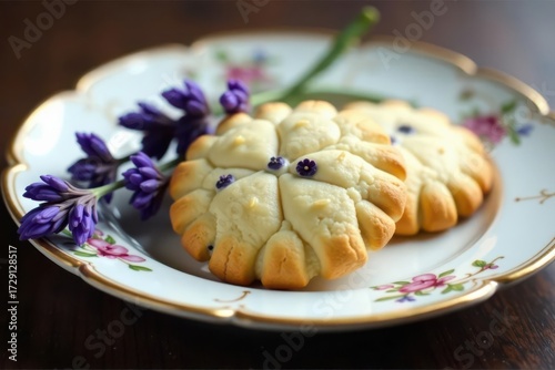 Delicate lavender infused shortbread on antique plate, lavender sprig, purple flowers, vintage