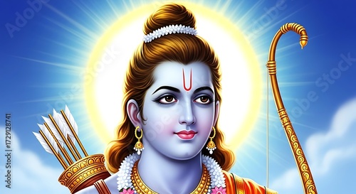 Illustration of lord rama with bow and arrow, a revered figure in hindu mythology