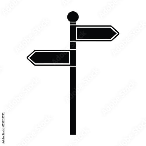 Black silhouette of a directional signpost with two blank arrow signs pointing in opposite directions