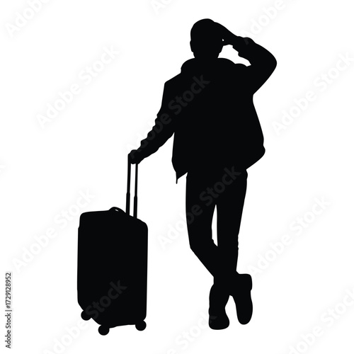 Silhouette of a person with a suitcase waiting for travel or a journey