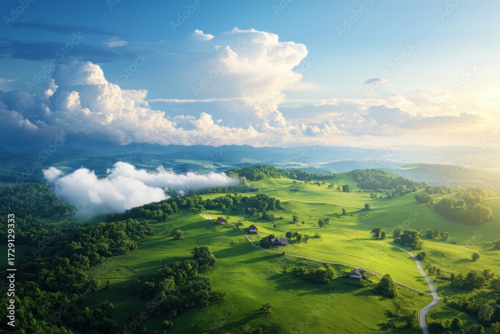 Naklejka premium Breathtaking sunrise over lush green hills rural landscape aerial view natural beauty tranquil environment