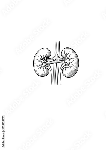 Vintage engraving style illustration of human kidneys. Anatomical sketch of the urinary system organ isolated on a white background