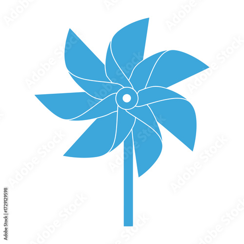 Bright blue pinwheel toy spinning in the wind on a white background