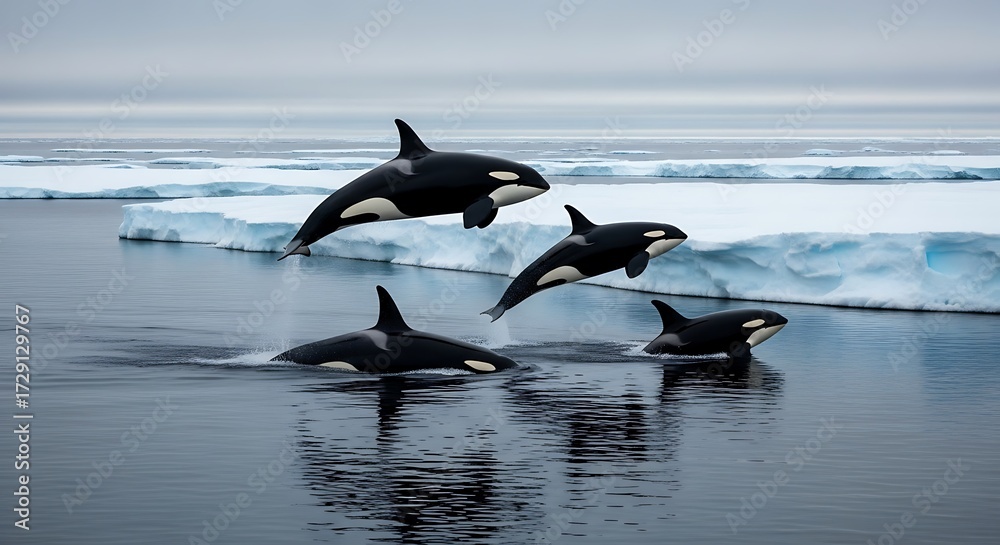 Fototapeta premium Orcas leaping and swimming in icy waters near ice floes, showcasing their majestic presence in the polar environment.