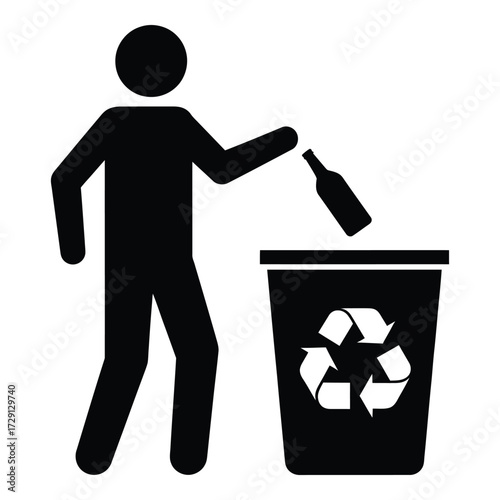 Person disposing of glass bottle into recycling bin with recycle symbol silhouette