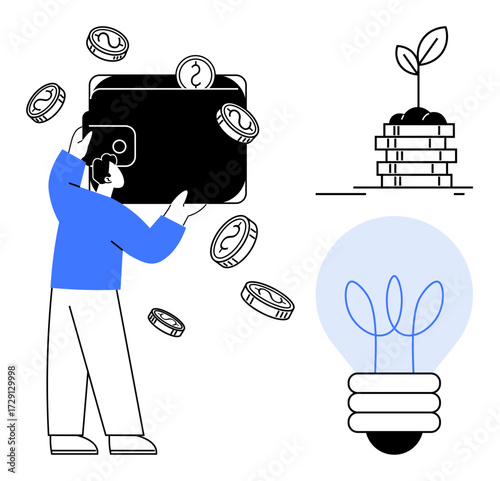 Person holding wallet with coins flying, lightbulb with plant inside, stack of coins with sprouting plant. Ideal for finance, investment, savings, innovation, growth, wealth management creative