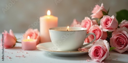 Elegant ivory china, blush roses, flickering candles , stem, party, romantic