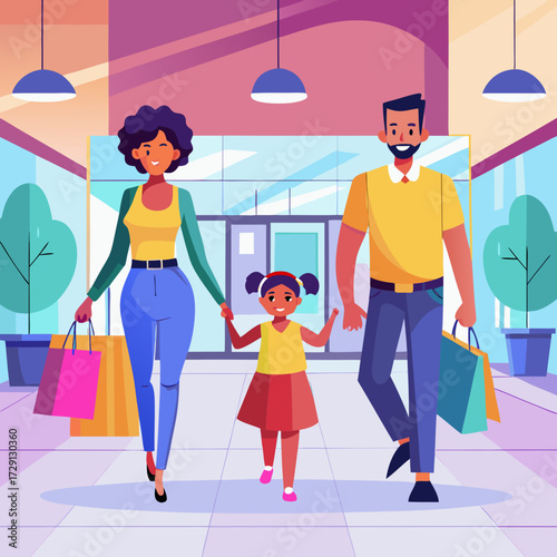 Happy family shopping together in a modern mall family, shopping, mall, parents, child, daughter, together, outing, leisure, recreation, consumerism, retail, store, bags