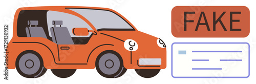 Orange car beside fraudulent registration documents and Fake label, emphasizing vehicle scam issues. Ideal for fraud awareness, vehicle registration, identity theft, security, fake documentation