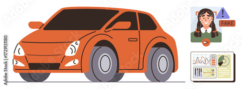 Red compact car alongside fake profile alert and data charts. Ideal for tech innovation, online safety, misinformation awareness, vehicle analytics, technology, research insights, simple flat