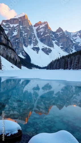 Frozen lake reflecting snowy Dolomites, trees , winter wonderland, nature