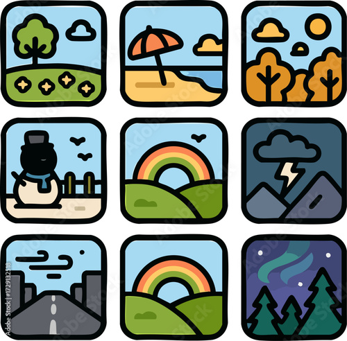 Colorful Weather and Seasons Icon Set.