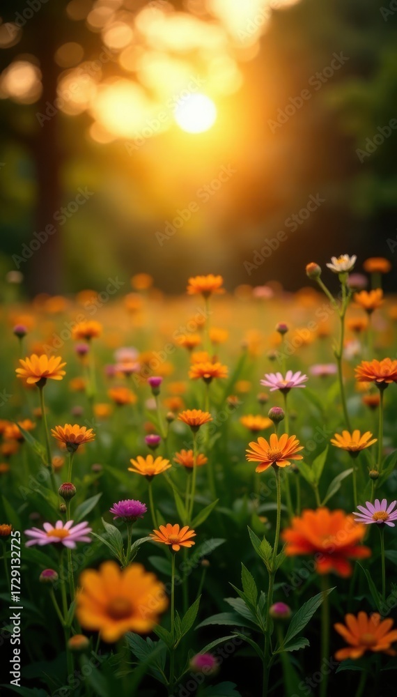 Fototapeta premium Golden hour light bathes vibrant wildflowers in a lush meadow , bright, sky, golden hour