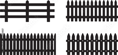 Four Different Styles of Black Silhouette Fences on White Background picket fence garden fence