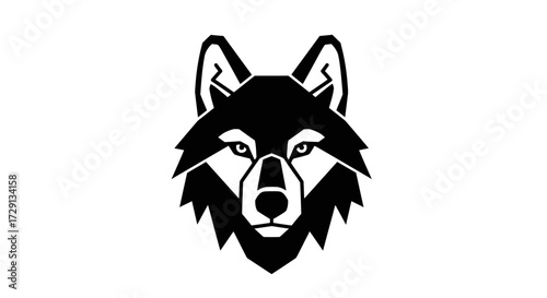 Geometric wolf head illustration in black and white, a design emphasizing simplicity and sharp