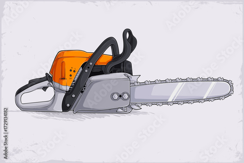 Hand drawn chainsaw with set of teeth.  Portable handheld power saw attached to a rotating chain driven along a guide bar