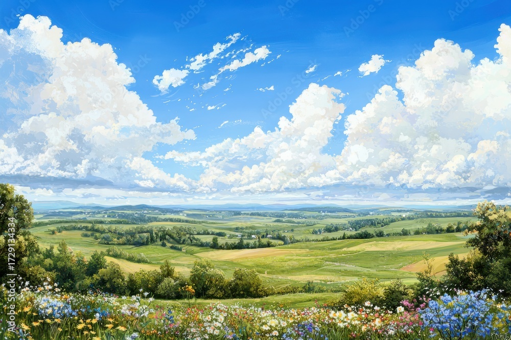 Obraz premium Breathtaking landscape view of lush fields and vibrant clouds scenic nature open sky tranquil environment wide angle
