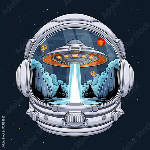 Hand drawn astronaut helmet visor reflecting a glowing UFO beam over a cosmic rocky mountain landscape, detailed surreal space scene