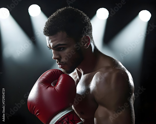 Focused Boxer In Red Gloves Under Spotlight