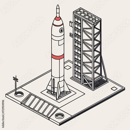 Isometric view of a rocket on a launchpad