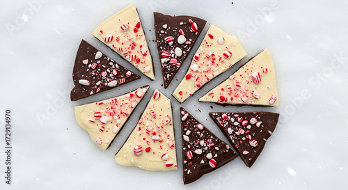 Delicious homemade Christmas peppermint bark with white and dark chocolate cut into festive triangle slices.