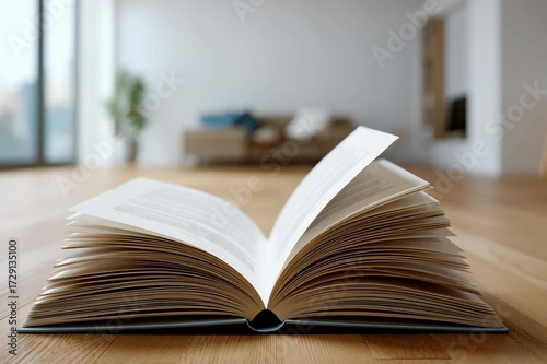 Open blank notebook with fountain pen resting on wooden table in bright modern indoor space, inviting creativity and writing inspiration
