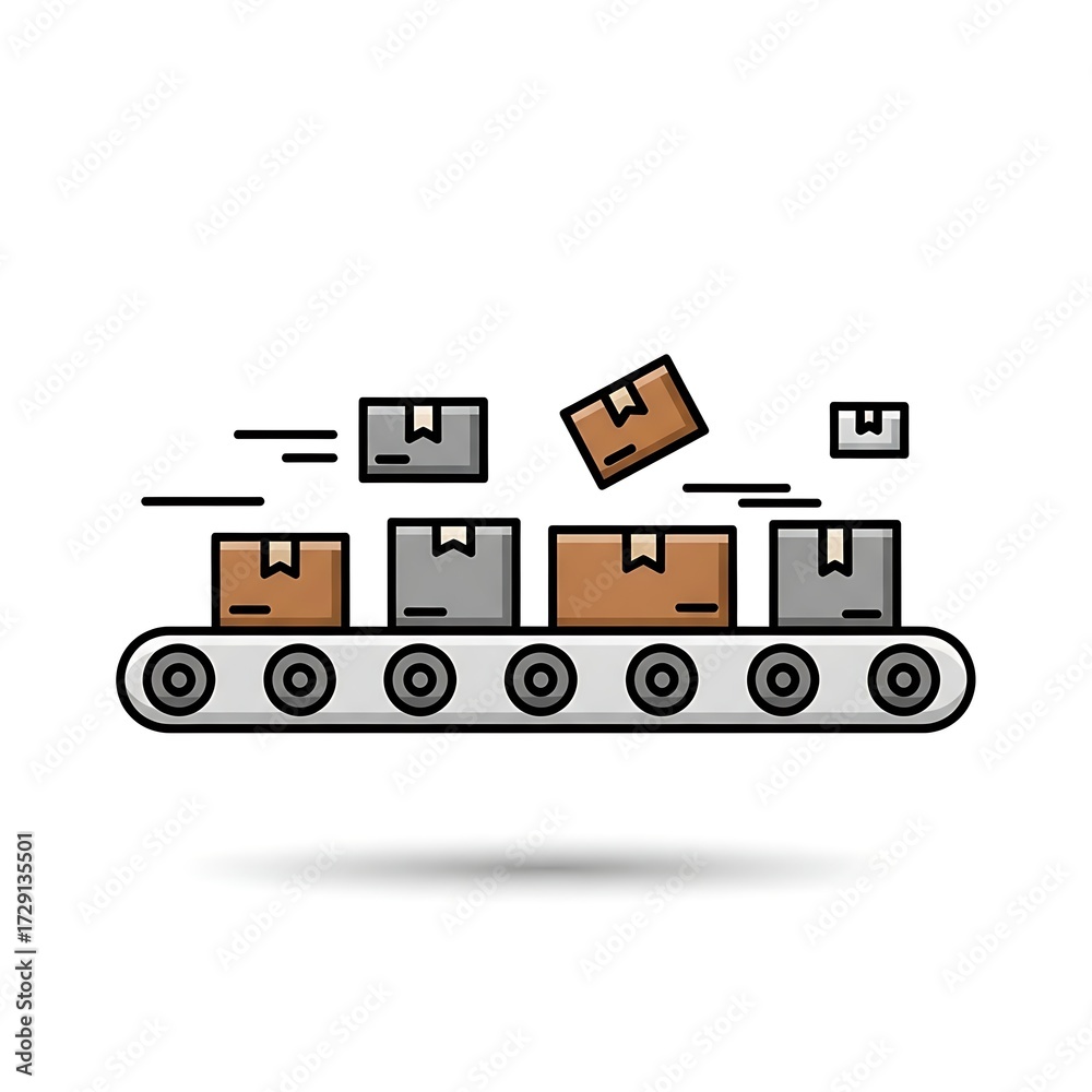 Naklejka premium Cartoon Style Conveyor Belt with Moving Boxes in Flat Design