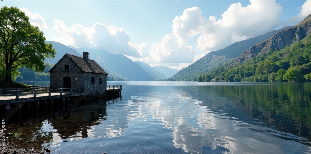 Fototapeta premium Historic landing stage at Derwentwater, Cumbria , rustic, dock, antique