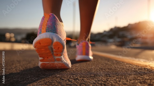 Close-up of woman’s feet running on road in athletic shoes during sunrise, fitness and health wellness outdoor workout concept