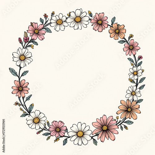 Floral Wreath of White Pink and Peach Flowers on Light Background for Decorative or Greeting Use
