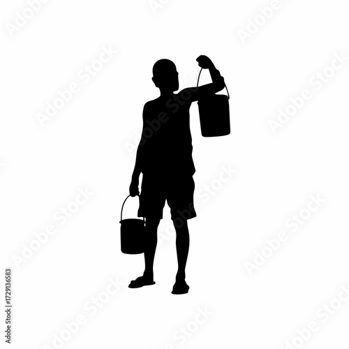Silhouette of a caretaker checking water level in containers isolated on white background