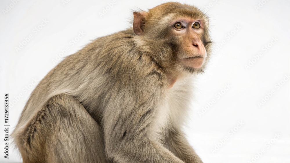 Naklejka premium Macaque monkey with expressive face and soft fur sitting calmly on a clean white studio background, sharp focus, and professional studio lighting